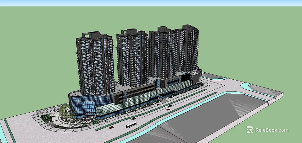Modern High Rise Residential Complex With Commercial Podium Glass Curtain Walls And Roadway Greenery 3d model 
