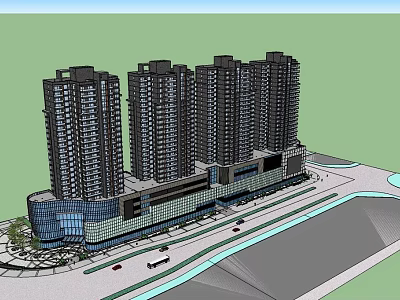 Modern High Rise Residential Complex With Commercial Podium Glass Curtain Walls And Roadway Greenery 3d model