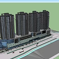 Modern High Rise Residential Complex With Commercial Podium Glass Curtain Walls And Roadway Greenery