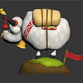 Cute Cartoon Sheep With Big Horns Red Balls Red White Patterned Body Green Grass Brown Base