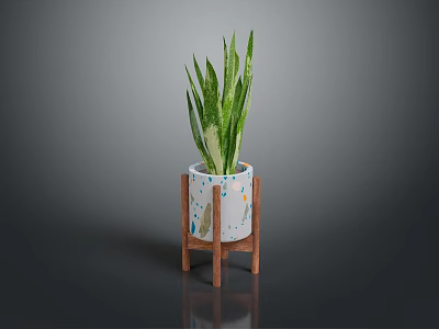 Green Variegated Leaf Plant In White Pot With Colorful Patterns On Wooden Stand 3d model