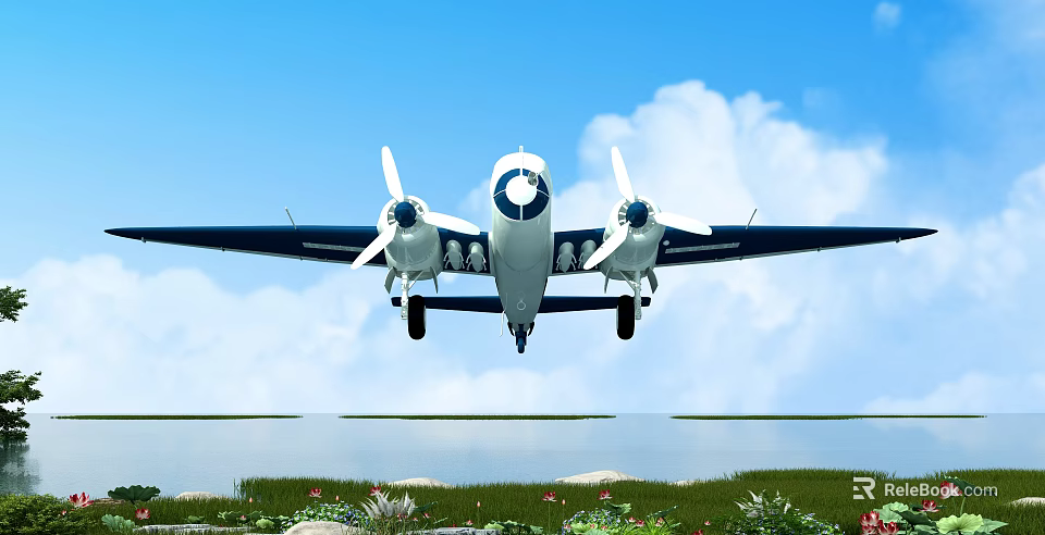 Twin Propeller Passenger Plane Flying with Landing Gear in Blue Sky and White Clouds 3d model 