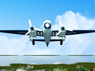 Twin Propeller Passenger Plane Flying with Landing Gear in Blue Sky and White Clouds 3d model