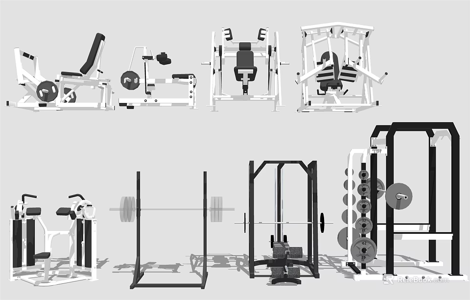 Diverse Gym Fitness Equipment Collection With Barbell Racks Squat Benches And Dumbbell Sets 3d model 
