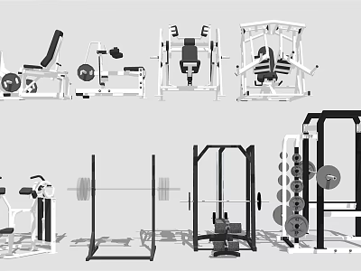 Diverse Gym Fitness Equipment Collection With Barbell Racks Squat Benches And Dumbbell Sets 3d model