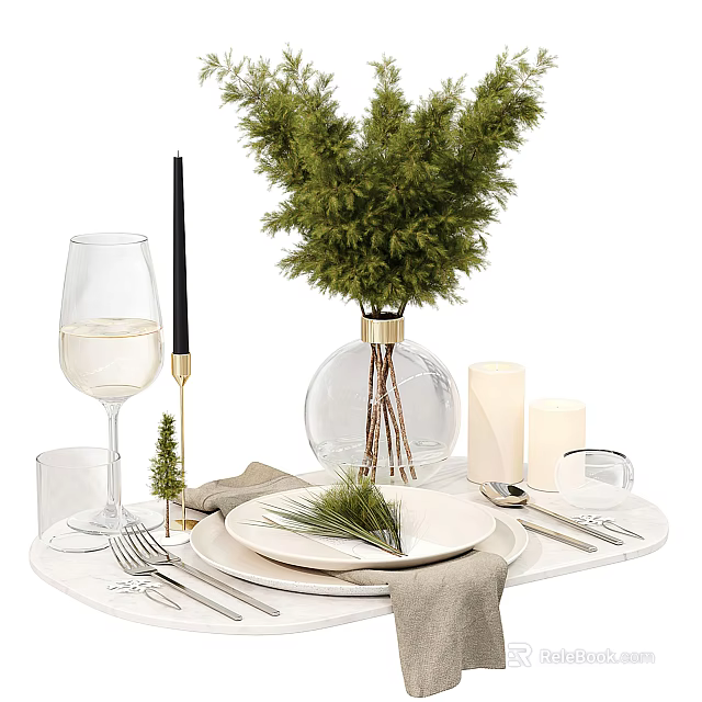 Elegant Dinnerware Set with White Plates Wine Glasses Black Candles and Greenery for Festive Table 3d model 