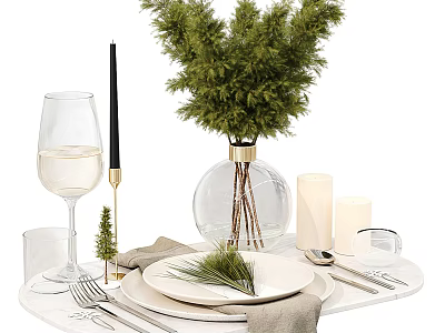 Elegant Dinnerware Set with White Plates Wine Glasses Black Candles and Greenery for Festive Table 3d model