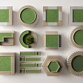 Tree Planters In Various Shapes Featuring Green Turf And Decorative Frames 3d model