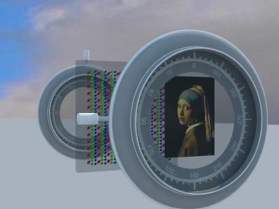 Circular Device Displaying Girl with a Pearl Earring Artwork and Colorful Dots 3d model