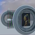 Circular Device Displaying Girl with a Pearl Earring Artwork and Colorful Dots