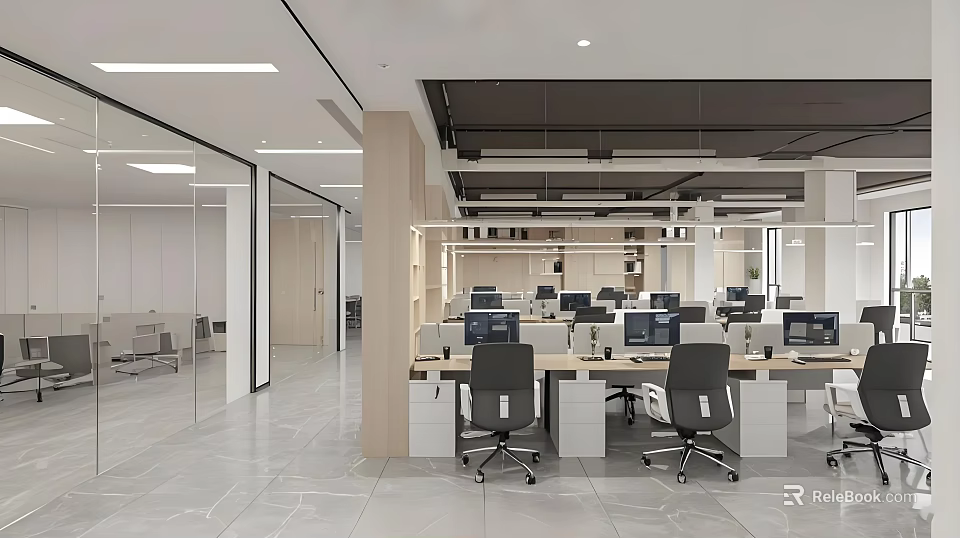 Modern Public Office Space With Open Layout Desks Computers And Glass Partitions 3d model