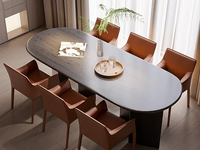 Oval Dark Wooden Dining Table Set With Six Brown Chairs And Tray Glassware Green Plant 3d model