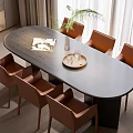 Oval Dark Wooden Dining Table Set With Six Brown Chairs And Tray Glassware Green Plant
