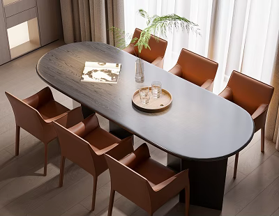 Oval Dark Wooden Dining Table Set With Six Brown Chairs And Tray Glassware Green Plant 3d model
