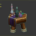 Wooden Table Display With Colorful Glass Bottles And Purple Orange Striped Tablecloth