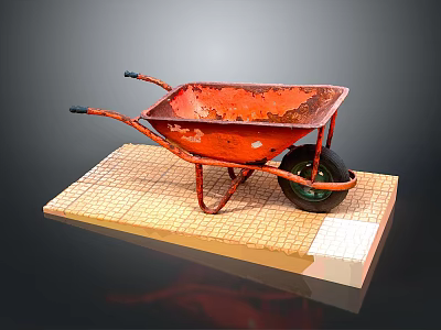 Red Rusty Wheelbarrow Placed On Grid Patterned Wooden Display Stand 3d model
