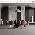 Modern Restaurant Interior With Marble Wall Pink Chairs Round Table Hanging Lamp And Sculpture Decor