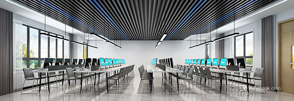 Modern School Computer Classroom With Rows Of Computers And Comfortable Chairs 3d model
