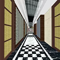Elegant Modern Elevator Hallway With Checkerboard Marble Floor And Wooden Framed Walls
