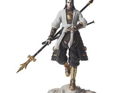 Ancient Warrior Sculpture With Golden Decorated Armor Spear And Sword Statue 3d model