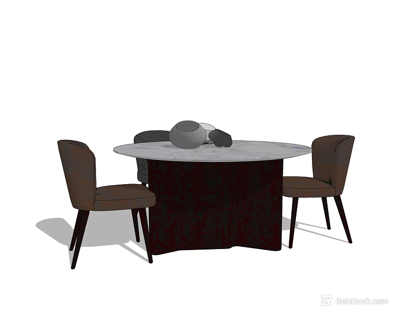 Round Dining Table Set With Four Brown Chairs And Decorative Items 3d model 