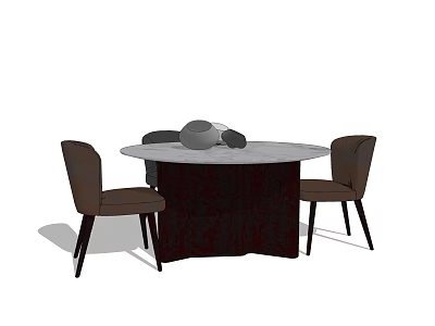 Round Dining Table Set With Four Brown Chairs And Decorative Items 3d model