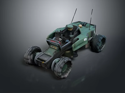 Green Military Style Off Road Vehicle With Antennas Large Tires And Driver 3d model