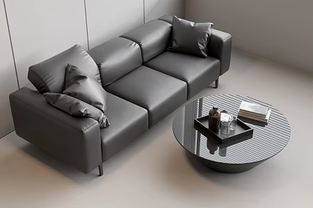 Three-Person Leather Sofa Multi-Person Leather Sofa Pillow Round Coffee Table Tea Tray Water Cup Books 3d model