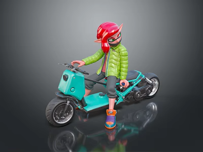Turquoise Motorcycle With Red Haired Character In Green Jacket And Colorful Shoes 3d model
