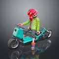Turquoise Motorcycle With Red Haired Character In Green Jacket And Colorful Shoes
