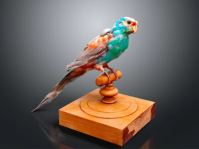 Colorful Parrot With Vibrant Feathers Perched On Wooden Display Stand 3d model