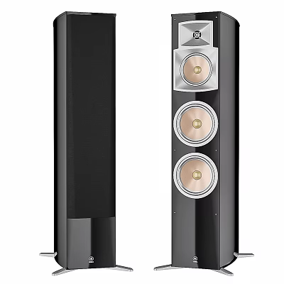 Sleek Black Tower Speaker With Three Gold Accent Speakers And Silver Trim 3d model