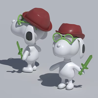 White Cartoon Dogs Wearing Red Hats and Green Glasses Holding Green Swords 3d model White Cartoon Dogs Wearing Red Hats and Green Glasses Holding Green Swords 3d model
