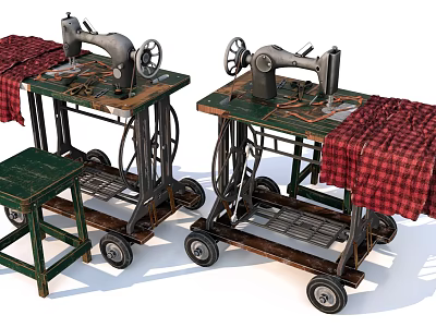 Vintage Old Sewing Machines On Green Wheeled Tables With Red Plaid Cloth And Small Stool 3d model