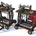 Vintage Old Sewing Machines On Green Wheeled Tables With Red Plaid Cloth And Small Stool