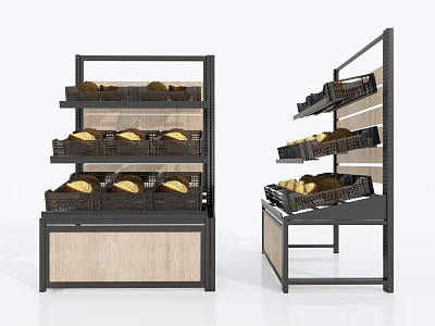 Retail Display Shelves Featuring Multiple Layers Wooden Base and Metal Frames Holding Bread Storage Baskets 3d model