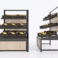 Retail Display Shelves Featuring Multiple Layers Wooden Base and Metal Frames Holding Bread Storage Baskets