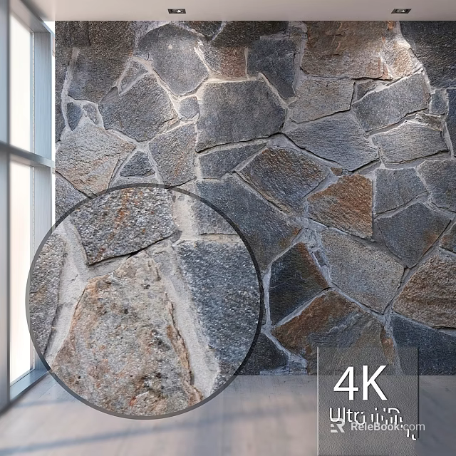 Natural Stone Wall Construction with Irregular Pieces and Textured Surface Near Window in 4K 3d model 