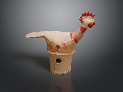 Ceramic Rooster Sculpture With Red Accents Light Colored Body And Cylindrical Base Cracked Details 3d model