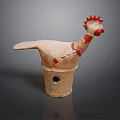 Ceramic Rooster Sculpture With Red Accents Light Colored Body And Cylindrical Base Cracked Details