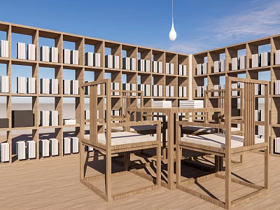 Wooden Desk With Bookshelves Filled With Books And Two Chairs Blue Sky And Hanging Lamp 3d model