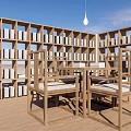 Wooden Desk With Bookshelves Filled With Books And Two Chairs Blue Sky And Hanging Lamp