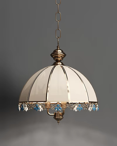 Elegant White Lampshade Chandelier With Gold Accents And Blue Decorative Details 3d model