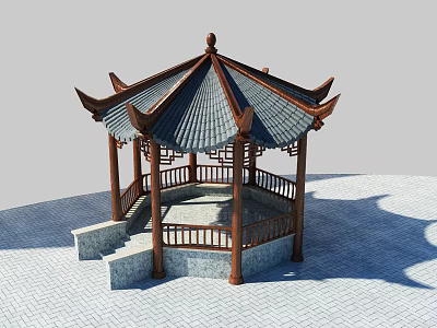 Traditional Chinese Pavilion With Curved Eaves Black Tiled Roof And Wooden Railing 3d model