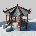 Traditional Chinese Pavilion With Curved Eaves Black Tiled Roof And Wooden Railing