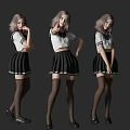 Women in white cropped tops with black bow ties and black pleated skirts posing differently