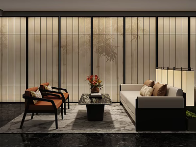 Elegant Modern Hotel Public Lounge Area With Sofa Coffee Table And Floral Decor 3d model