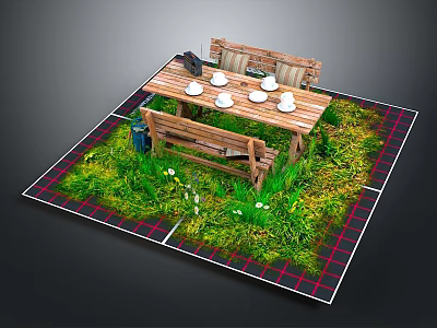 Outdoor Wooden Dining Table With Teacups Bench Grass White Flowers And Plaid Border 3d model