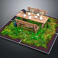 Outdoor Wooden Dining Table With Teacups Bench Grass White Flowers And Plaid Border