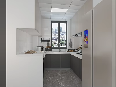 Light Luxury Modern Kitchen Dining Interior With Gray White Cabinets And Smart Home Appliances 3d model